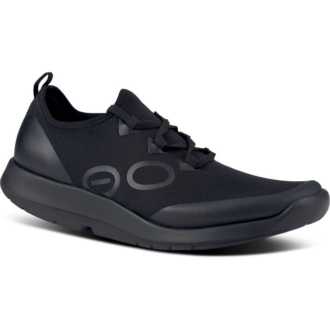 Front angled view of lace up Men's OOFOS OOmg Sport LS Shoe in black mesh