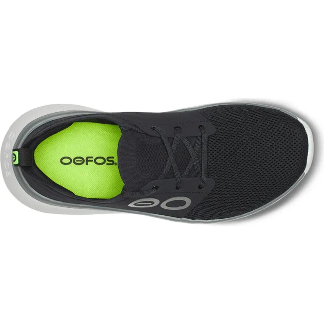 Lace up upper of Men's OOfos OOmy Stride Shoe in black and white