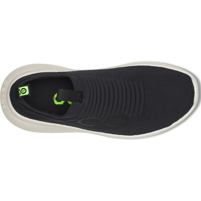 Slip on knit upper of Men&#39;s OOfos OOmy Zen Sneaker in Black and Chalk white