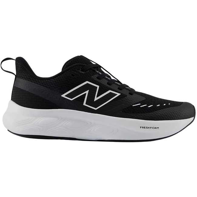 Lateral side of Kids New Balance Fresh Foam 625 Running Shoe in black mesh with a white sole