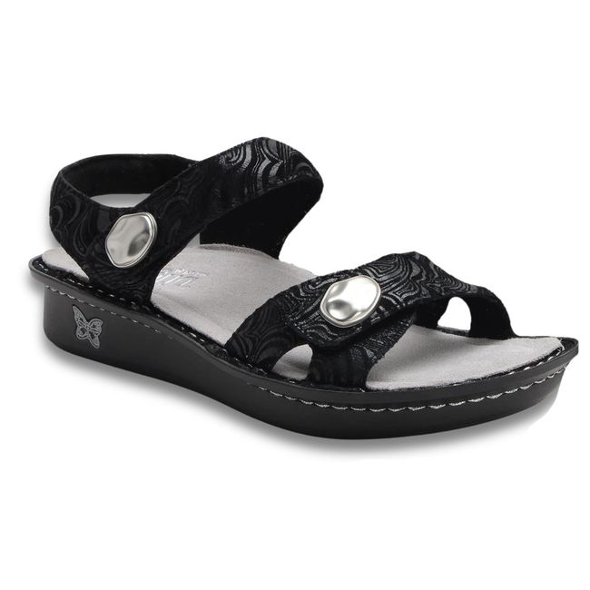 Front angled of Alegria Women's Vienna Sandal in Swirling Black