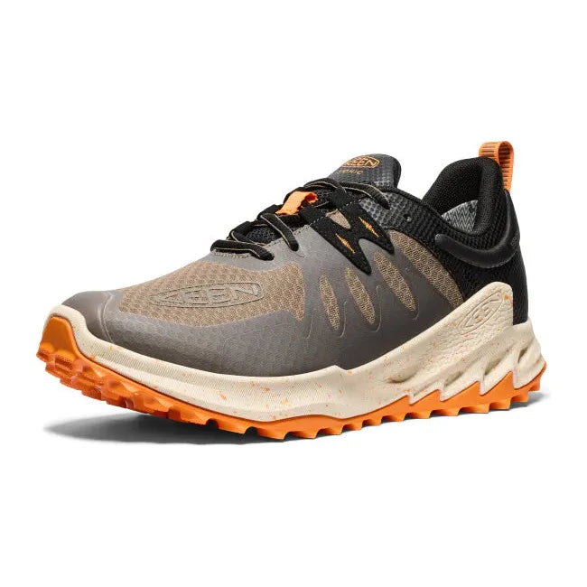 Front angled view of Men&#39;s Keen Zionic Waterproof Hiking Shoe in Brindle Bright Marigold