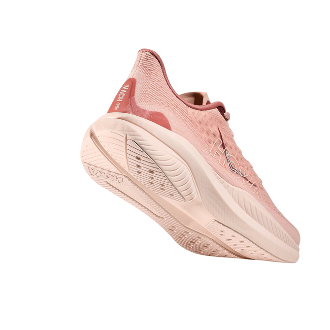 Angled Heel of Hoka Women's Mach 6 running Shoe in Rose Latte Pink