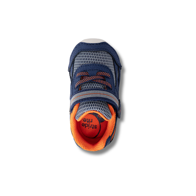 Top of Stride Rite Kids' Soft Motion Turbo 2.0 Sneaker in Navy, Grey, and Orange mesh