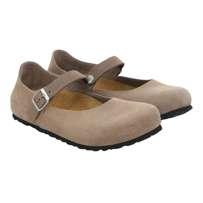 Angled Pair of Birkenstock Women's Mantova Suede Mary Jane in Taupe 