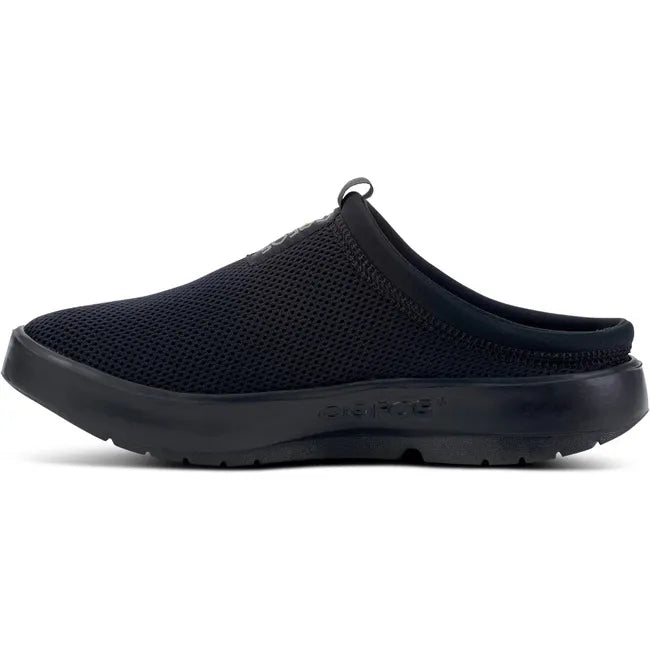 Medial side of Men&#39;s OOfos OOcoozie Sport Mule in Black