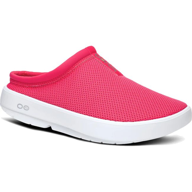Front angled view of Women's OOfos OOcoozie Sport Mule in Neon Berry mesh