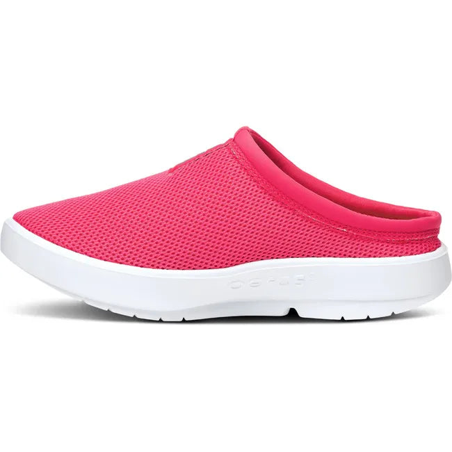 Medial side of Women's OOfos OOcoozie Sport Mule in Neon Berry mesh