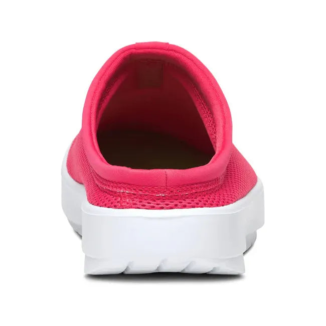 Heel of Women's OOfos OOcoozie Sport Mule in Neon Berry mesh