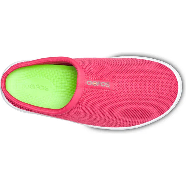 Upper of Women's OOfos OOcoozie Sport Mule in Neon Berry mesh