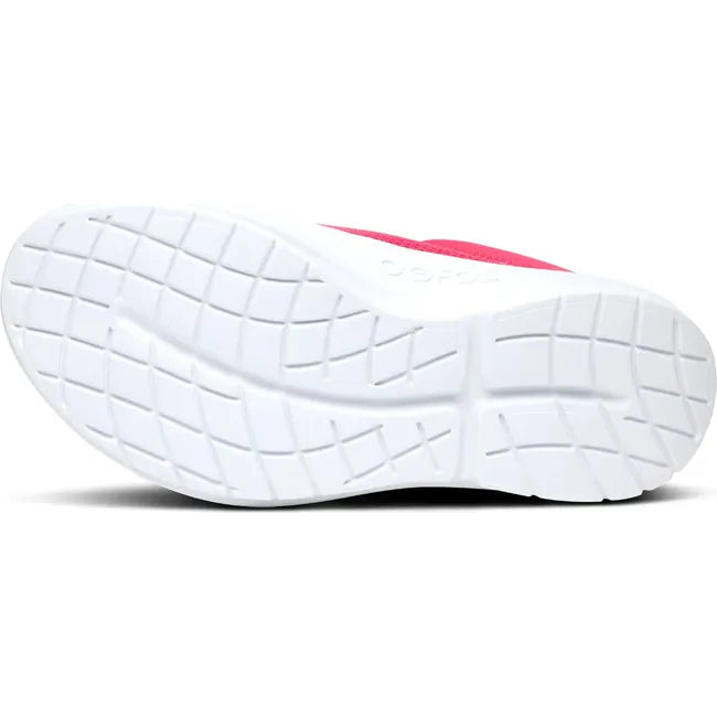 White sole of Women's OOfos OOcoozie Sport Mule in Neon Berry mesh