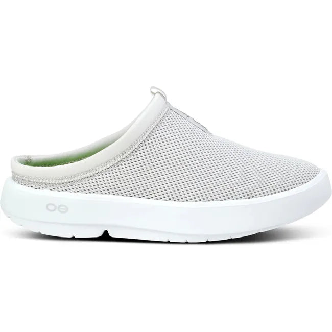 Lateral side of Women's OOfos OOcoozie Sport Mule in White Gray mesh