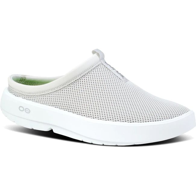 Front angled view of Women's OOfos OOcoozie Sport Mule in White Gray mesh