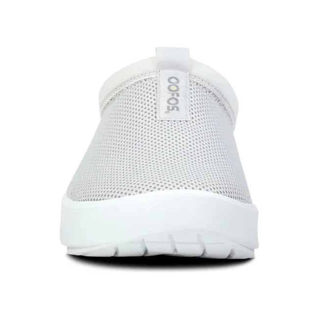 Front of Women's OOfos OOcoozie Sport Mule in White Gray mesh