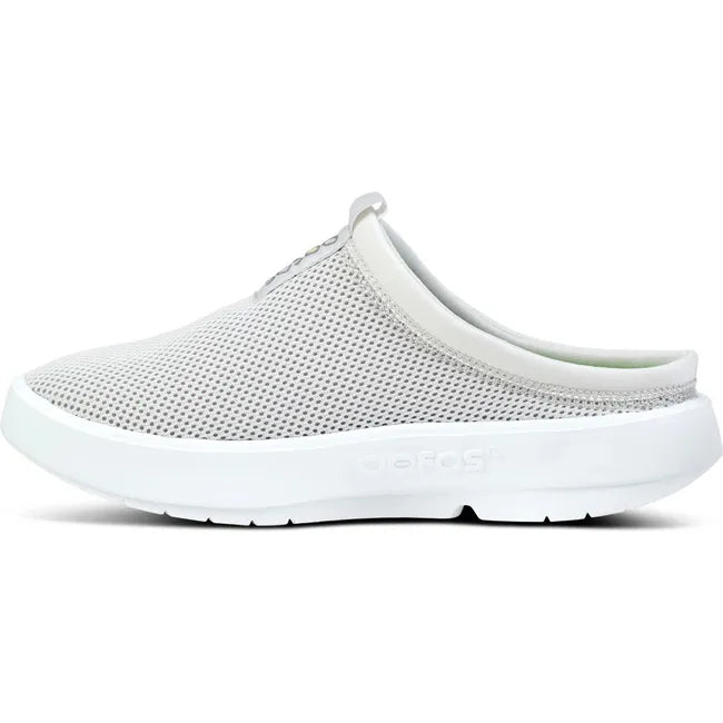 Medial side of Women's OOfos OOcoozie Sport Mule in White Gray mesh