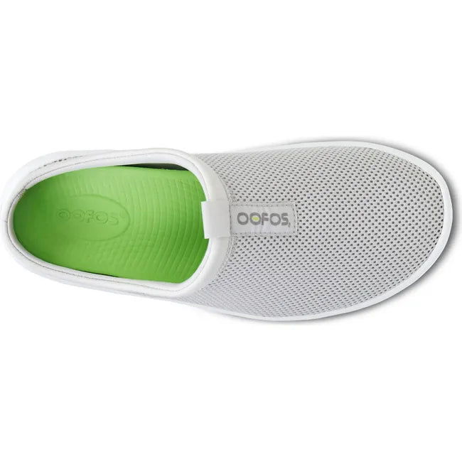 Upper of Women's OOfos OOcoozie Sport Mule in White Gray mesh