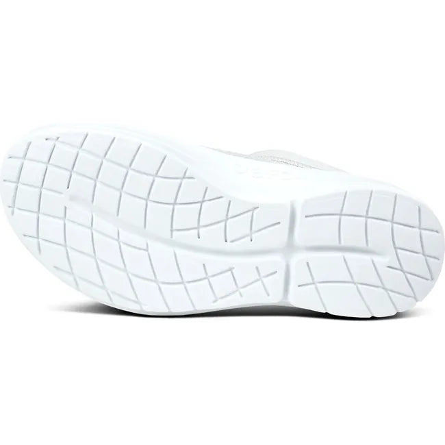 White sole of Women's OOfos OOcoozie Sport Mule in White Gray mesh