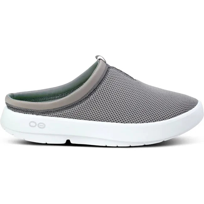 Lateral side of Men&#39;s OOfos OOcoozie Sport Mule in Slate Grey