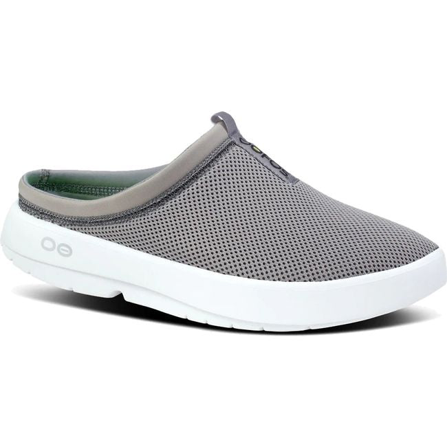 Front angled view of Men's OOfos OOcoozie Sport Mule in Slate Grey