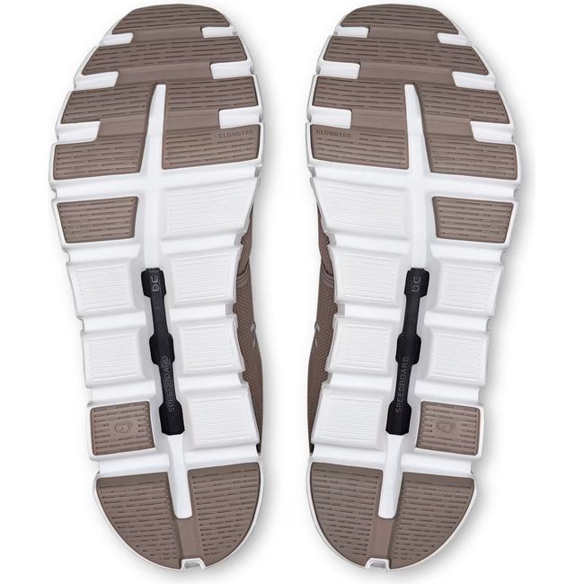 Soles of Men's On Running Cloud 6 Running Shoes in Fog White with hollow cloud pods for impact