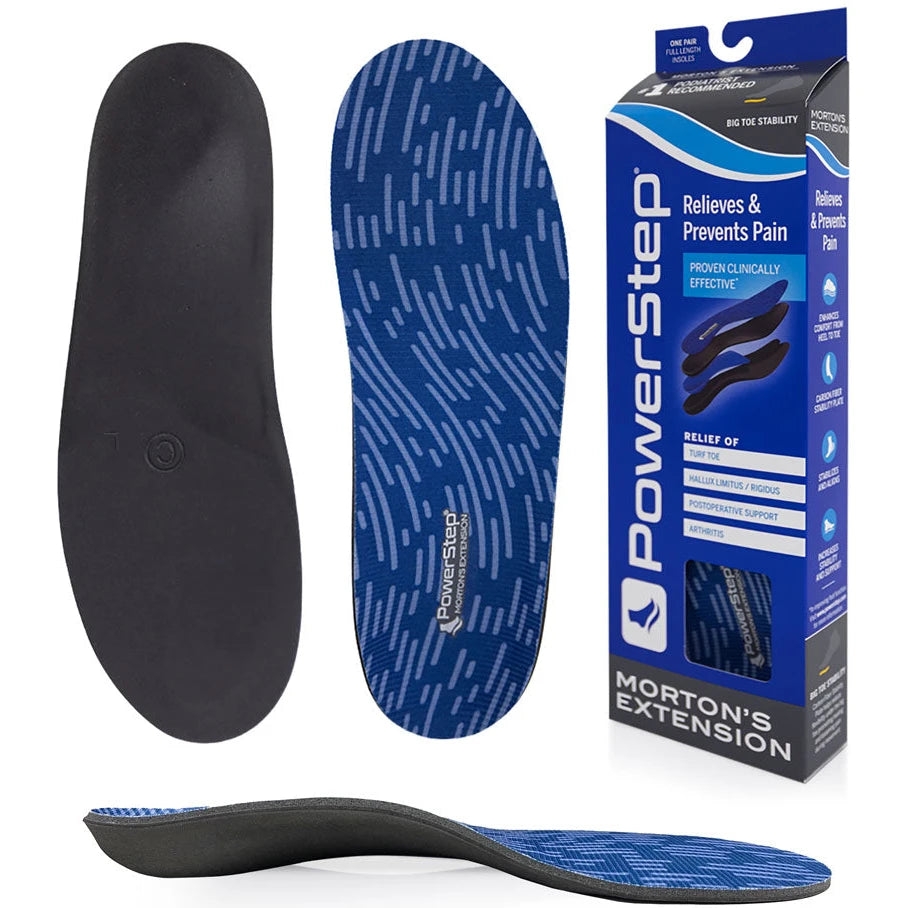 PowerStep Unisex Morton's Extension Orthotic insoles, bottom view with packaging