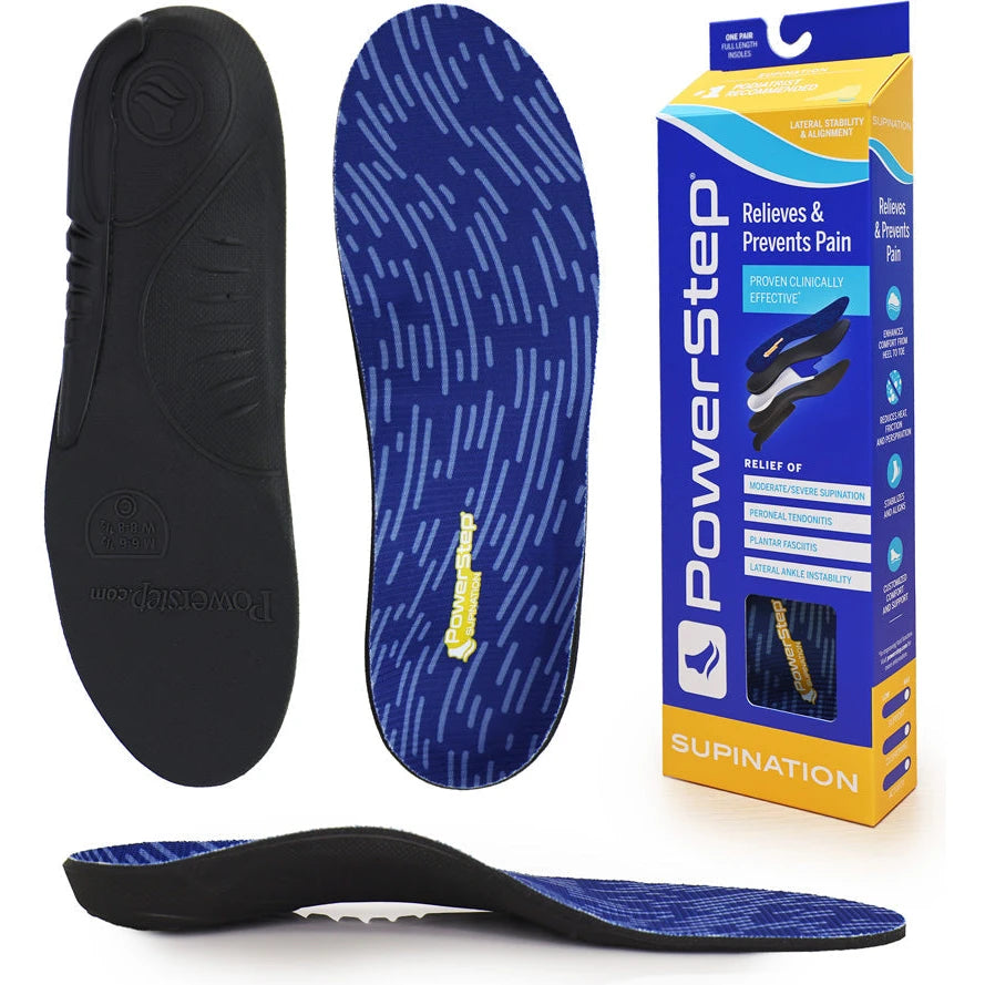 PowerStep Unisex Supination Orthotic insoles, top and bottom, with retail box