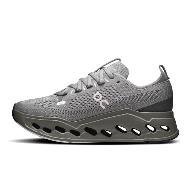 Medial side of Women's On Running Cloudsurfer Max Cushioned Running Shoe in Alloy Asphalt Gray
