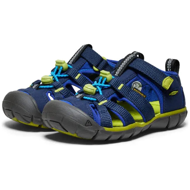 Pair of KEEN Little Kids Seacamp II CNX Sandal in Naval Academy blue and Chartreuse green