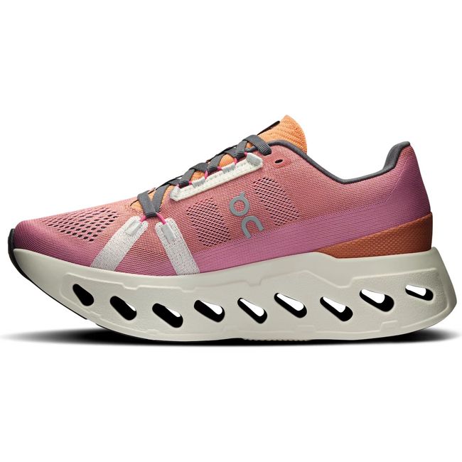 Medial side of Women's On Running Cloudeclipse Running Shoe in Tangerine Orange, pink, and Ivory