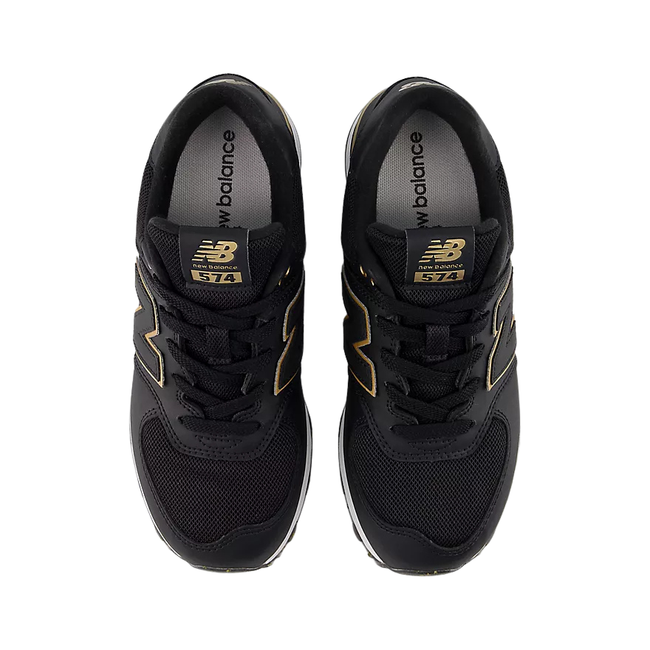 Tops of New Balance Kids' 574 Lifestyle Shoe (Youth) in Black with gold