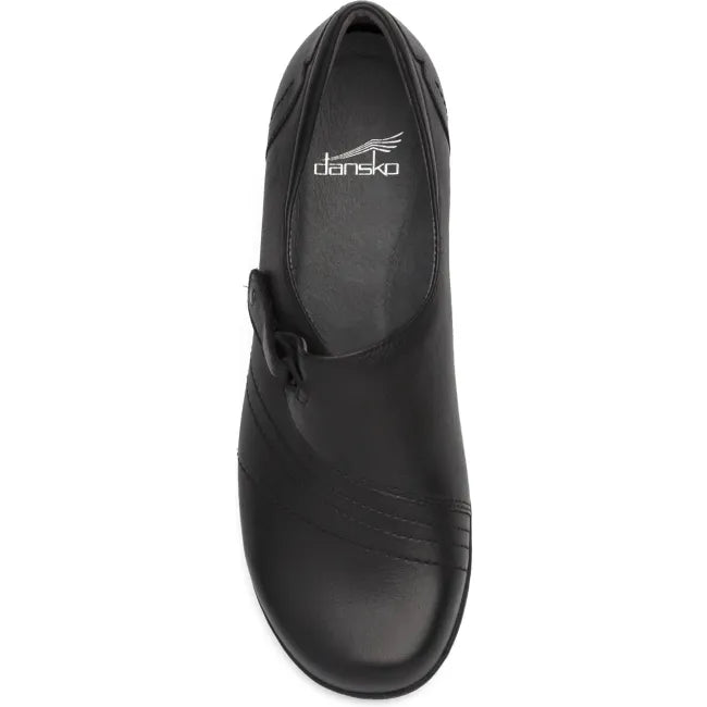 Dansko Franny A-line shoe in black milled nappa leather, top view showing wide hook-and-loop strap
