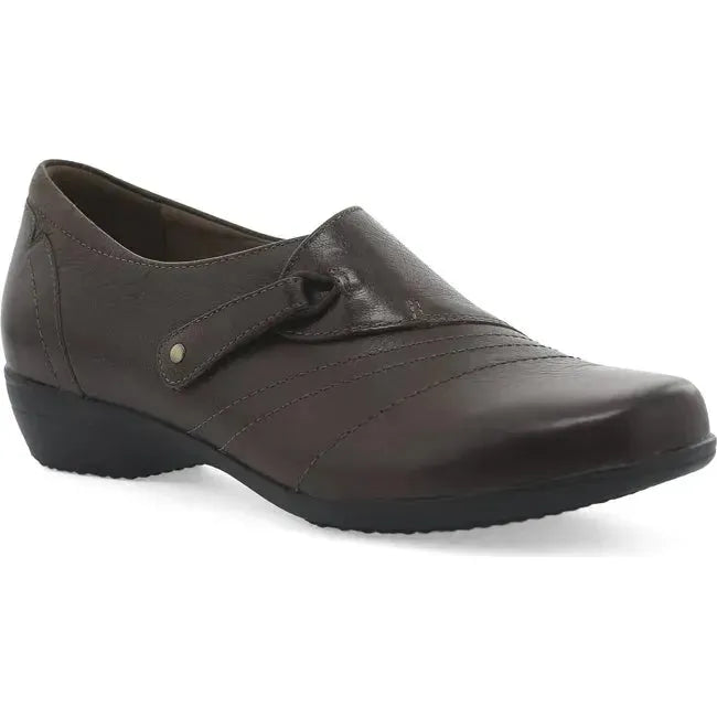 Angled view of Women&#39;s Dansko Franny Shoe in Chocolate Burnished Calf Leather
