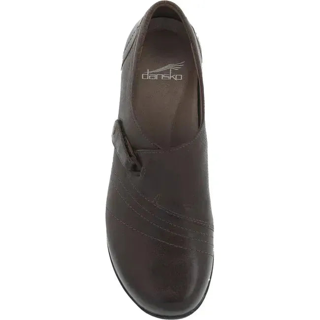 Top view of Women&#39;s Dansko Franny Shoe in Chocolate Burnished Calf Leather