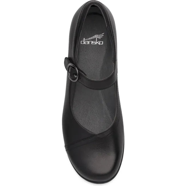 Dansko Fawna Mary Jane in black milled nappa leather, top view showing hook-and-loop strap