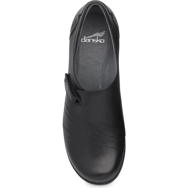 Dansko Franny A-line shoe wide in black milled nappa leather, top view showing wide hook-and-loop strap