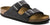 Angled side view of a black Birkenstock Arizona sandal with cork footbed and two adjustable straps.