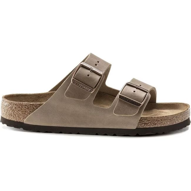 Side of Tobacco brown Birkenstock Arizona Soft Footbed Sandal with two straps and cork footbed