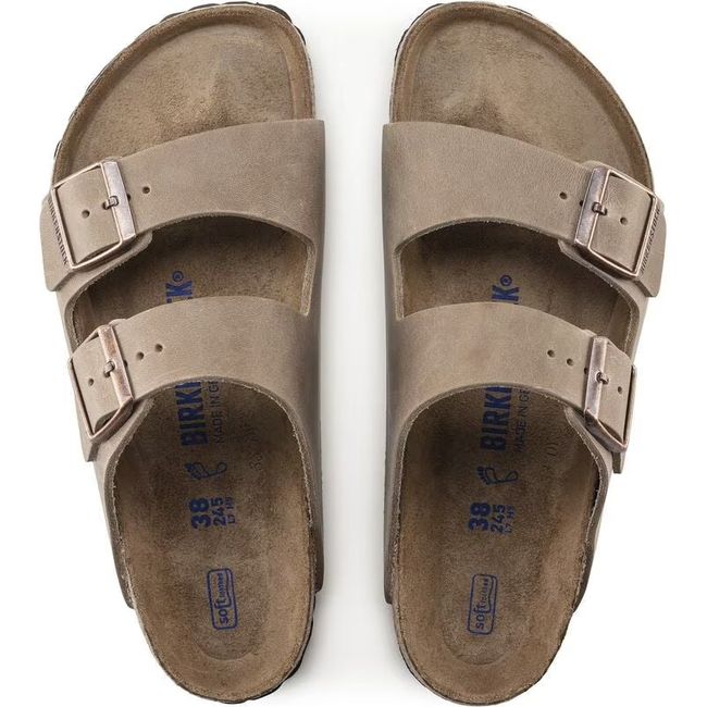 Top view of Tobacco brown Birkenstock Arizona Soft Footbed Sandals with two straps and cork footbeds