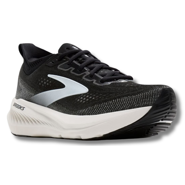 Angled side of Brooks Women's Glycerin 23 Running Shoe in Black and White