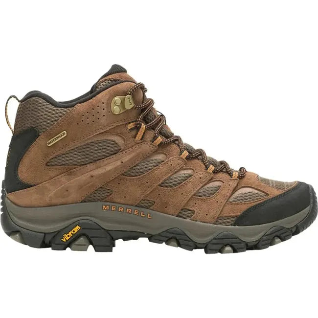 Lateral side of Men&#39;s Merrell Moab 3 Waterproof Hiking Boot in earth brown with vibram sole
