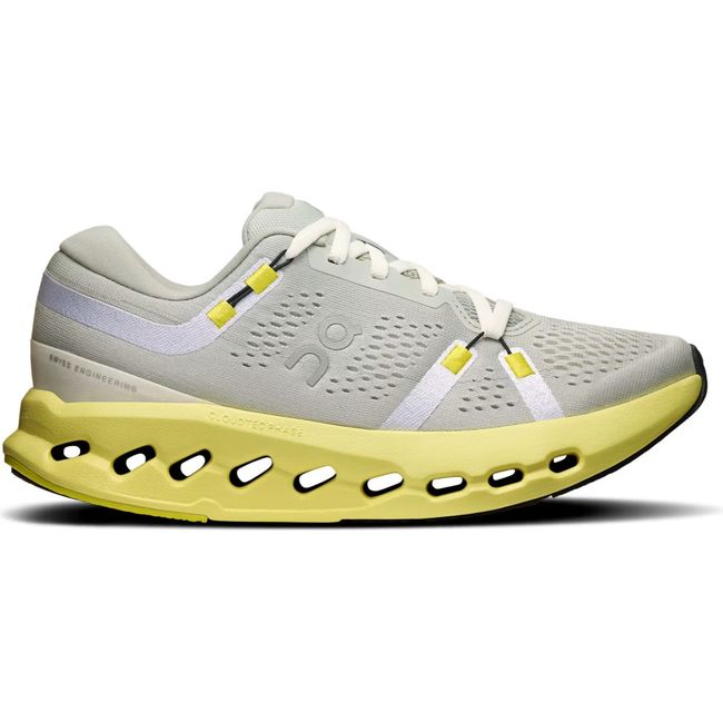 Lateral of On Running Women's Cloudsurfer 2 Running Shoe in glacier grey and limelight yellow