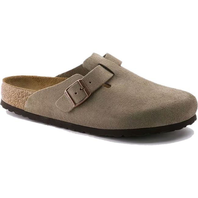 Front angled view of Birkenstock Unisex Boston Soft Footbed Suede Clog in taupe
