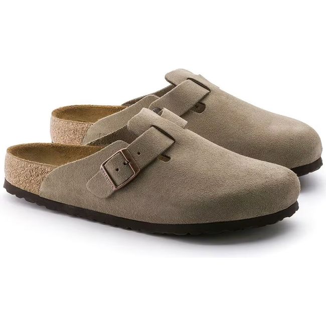 Pair of Birkenstock Unisex Boston Soft Footbed Suede Clogs in taupe