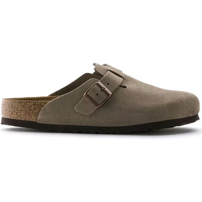 Lateral side of Birkenstock Unisex Boston Soft Footbed Suede Clog in taupe