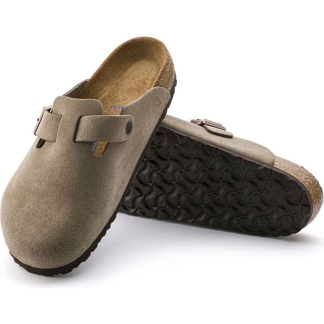 Upper and sle of Birkenstock Unisex Boston Soft Footbed Suede Clogs in taupe