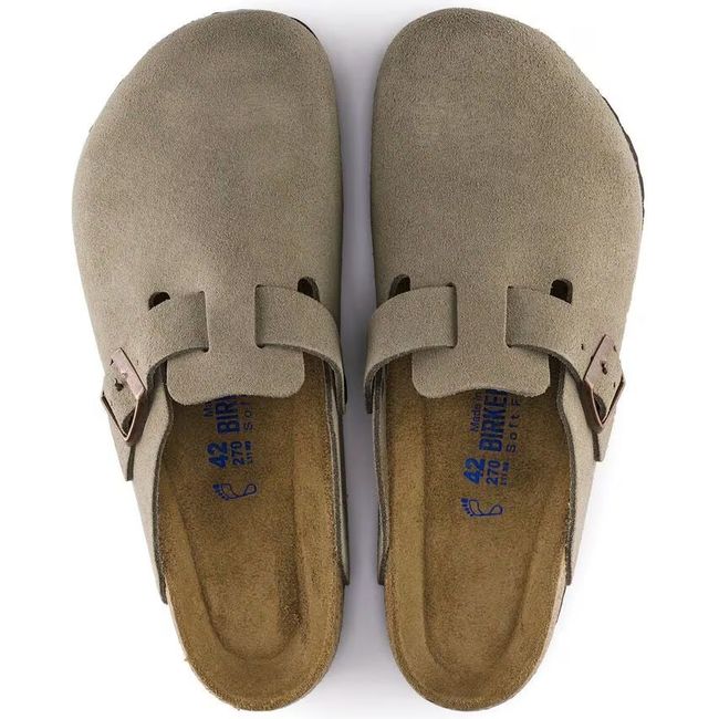 Top down view of Birkenstock Unisex Boston Soft Footbed Suede Clogs in taupe