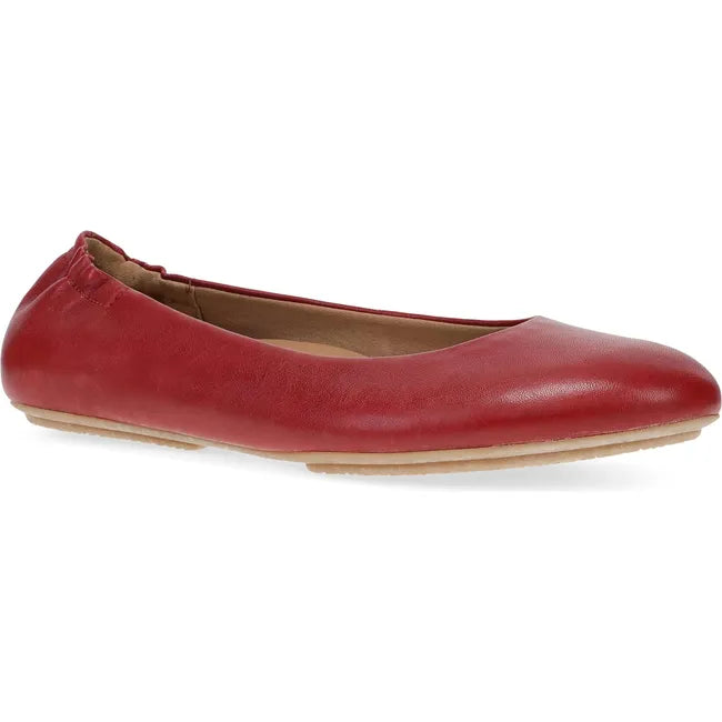 Front angled view of Women's Dansko Mollie Ballet Flat in red leather