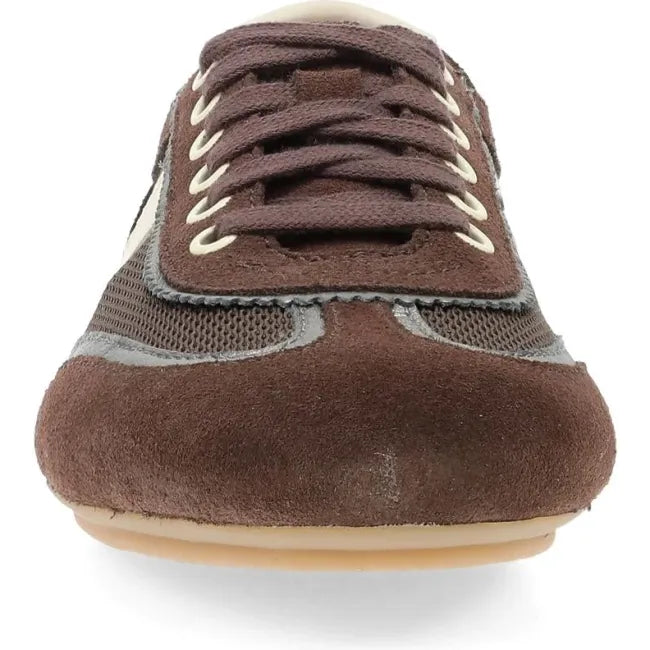 Dansko Milana sneaker in chocolate and pewter suede, front view