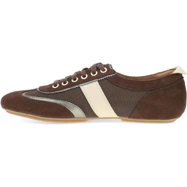 Dansko Milana sneaker in chocolate and pewter suede, side profile showing pewter stripe