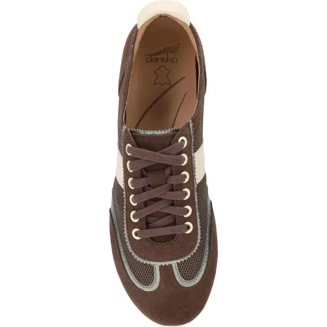 Dansko Milana sneaker in chocolate and pewter suede, top view showing lace-up closure